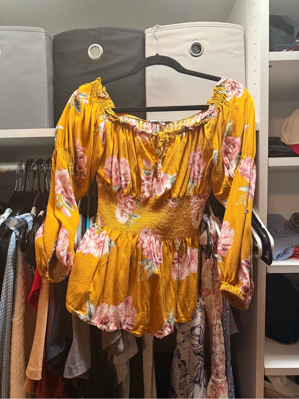 Crave Fame Mustard Yellow Floral Smocked Peasant Top